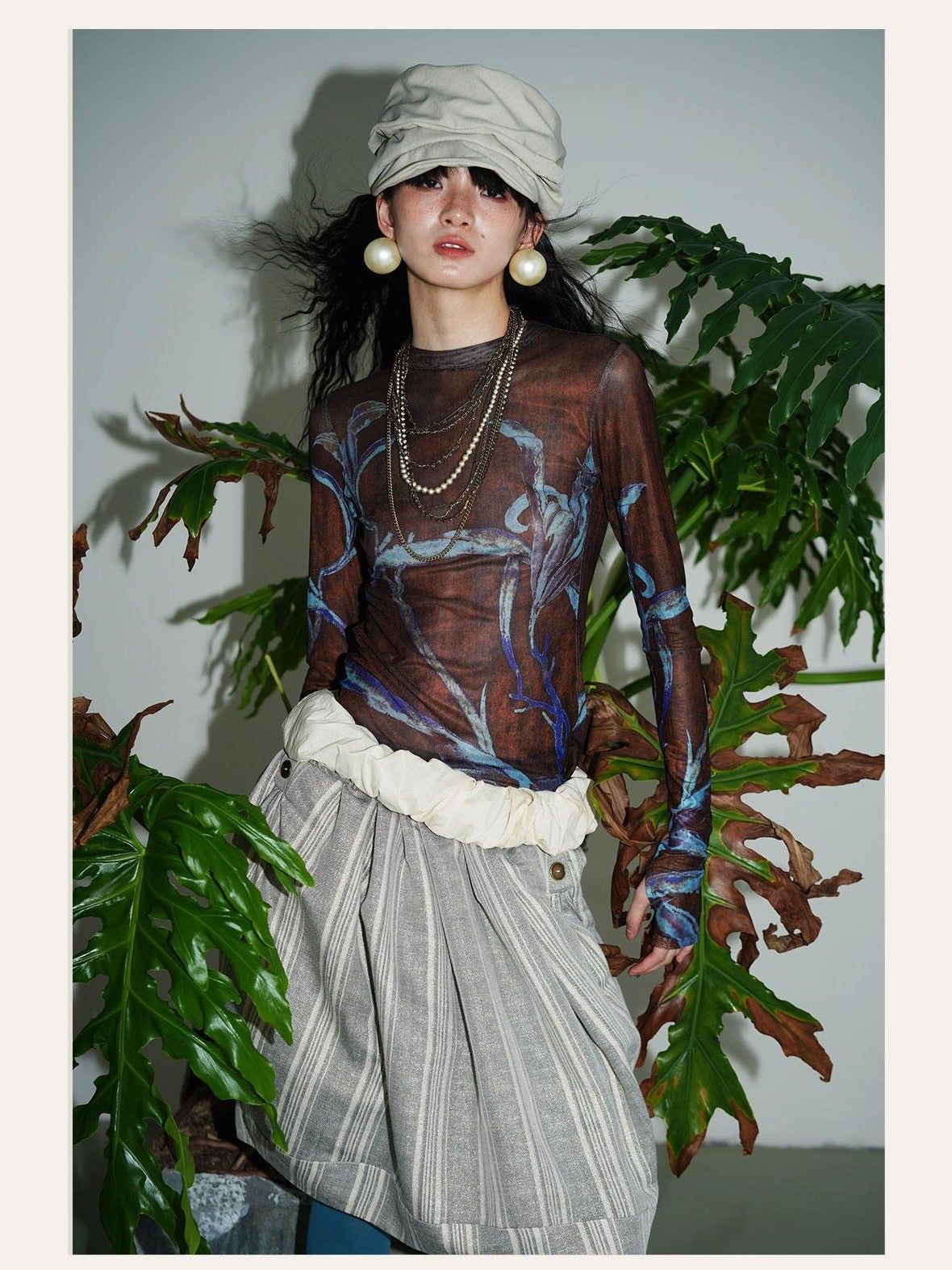 badtaste Mesh Cutout Chinese Print Two Way Women's Mesh Tulle Long Sleeve T-shirts