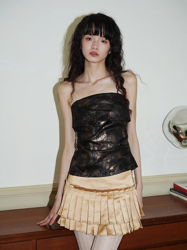 badtaste Metallic Floral Gathered Cropped Slim Fit Women's Ruched Tube Tops