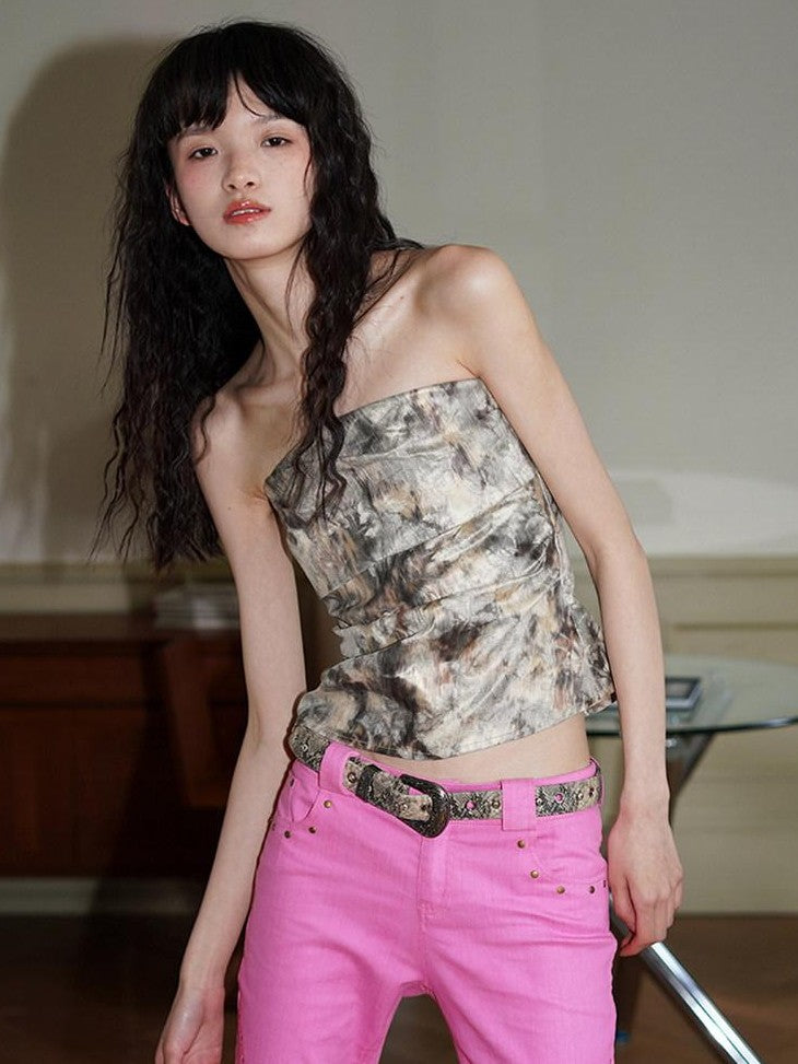 badtaste Metallic Floral Gathered Cropped Slim Fit Women's Ruched Tube Tops