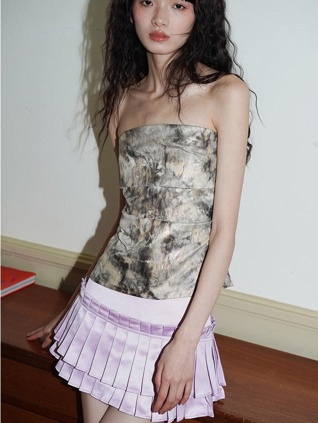 badtaste Metallic Floral Gathered Cropped Slim Fit Women's Ruched Tube Tops