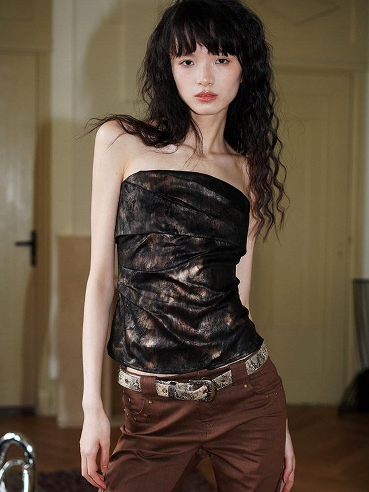 badtaste Metallic Floral Gathered Cropped Slim Fit Women's Ruched Tube Tops