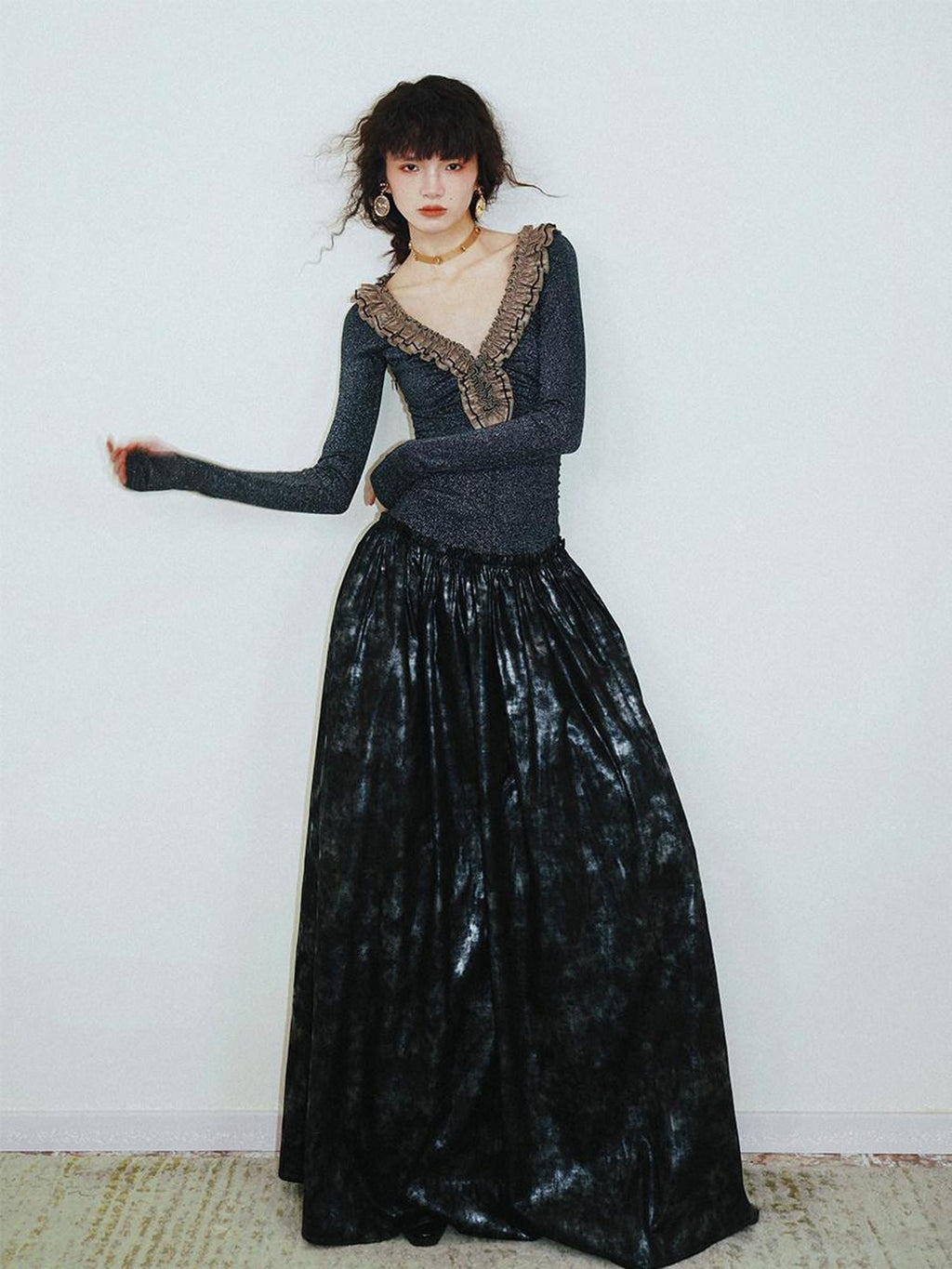 badtaste Metallic Knit Leather Panel V-neck Slimming Vintage Women's Casual Maxi Dresses