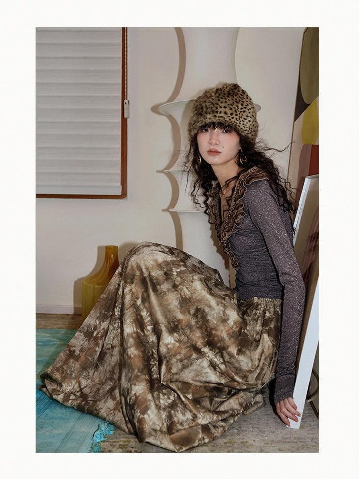 badtaste Metallic Knit Leather Panel V-neck Slimming Vintage Women's Casual Maxi Dresses