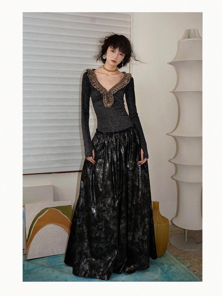 badtaste Metallic Knit Leather Panel V-neck Slimming Vintage Women's Casual Maxi Dresses
