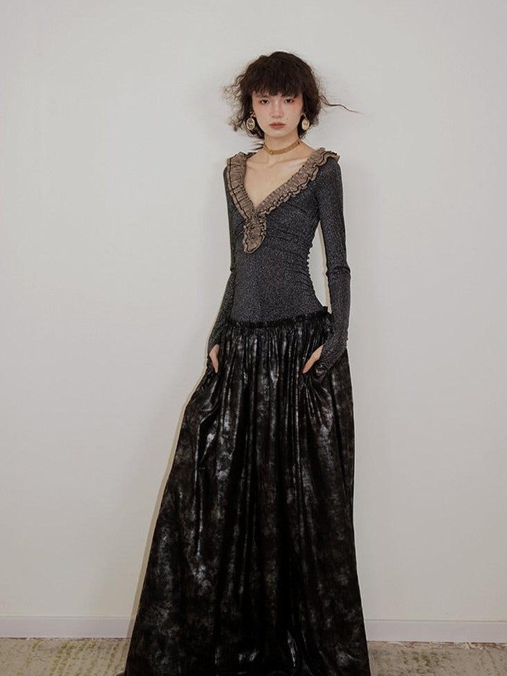 badtaste Metallic Knit Leather Panel V-neck Slimming Vintage Women's Casual Maxi Dresses