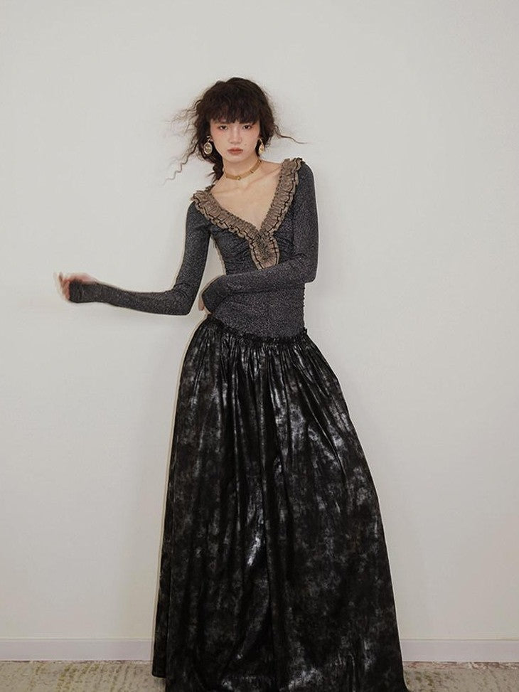 badtaste Metallic Knit Leather Panel V-neck Slimming Vintage Women's Casual Maxi Dresses