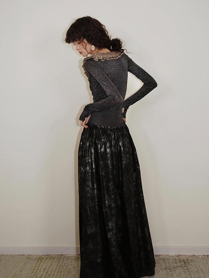 badtaste Metallic Knit Leather Panel V-neck Slimming Vintage Women's Casual Maxi Dresses