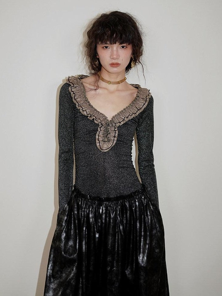 badtaste Metallic Knit Leather Panel V-neck Slimming Vintage Women's Casual Maxi Dresses
