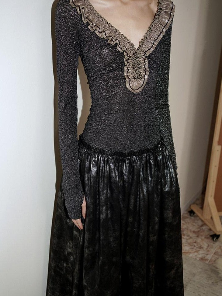 badtaste Metallic Knit Leather Panel V-neck Slimming Vintage Women's Casual Maxi Dresses