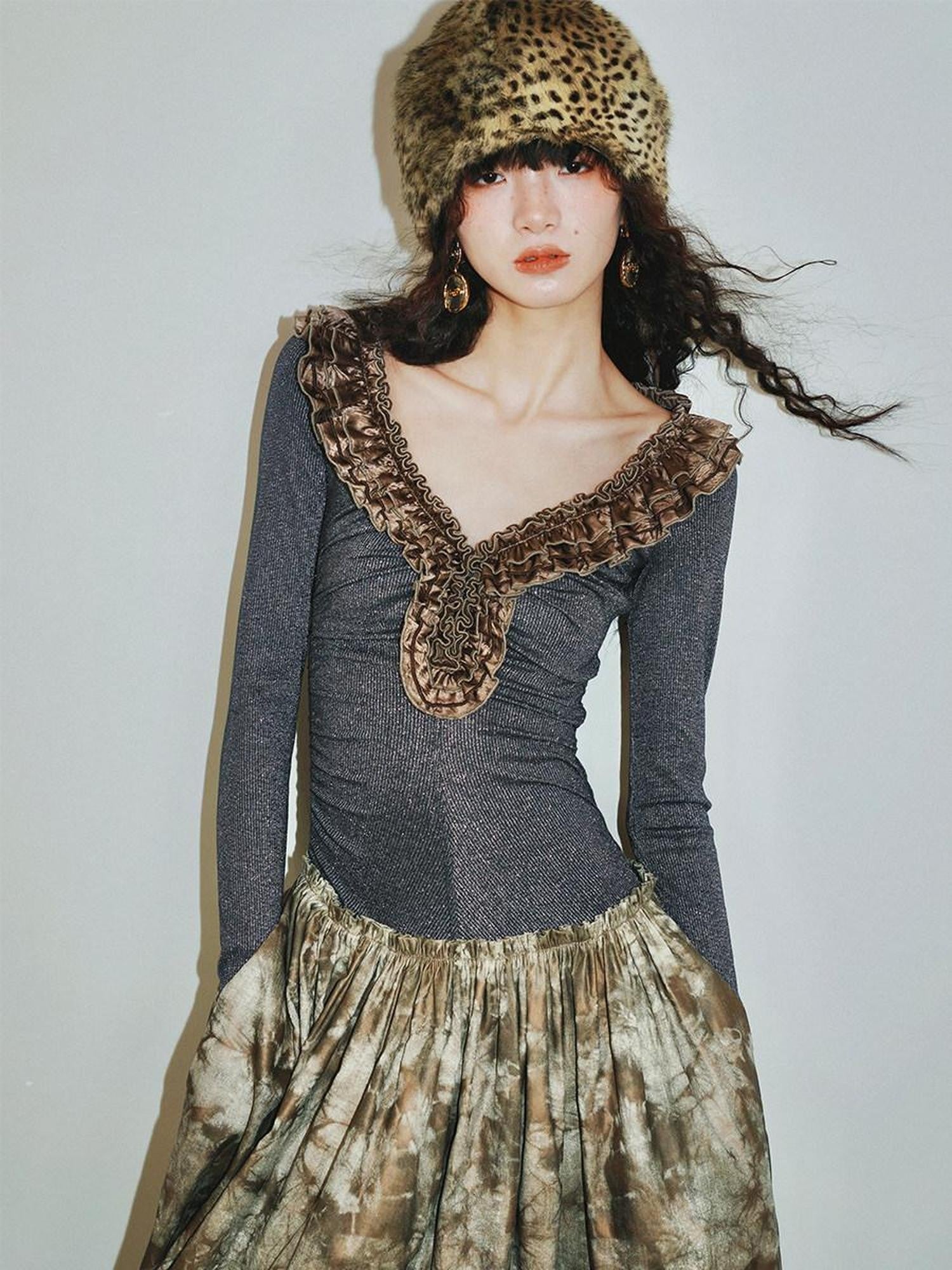badtaste Metallic Knit Leather Panel V-neck Slimming Vintage Women's Casual Maxi Dresses