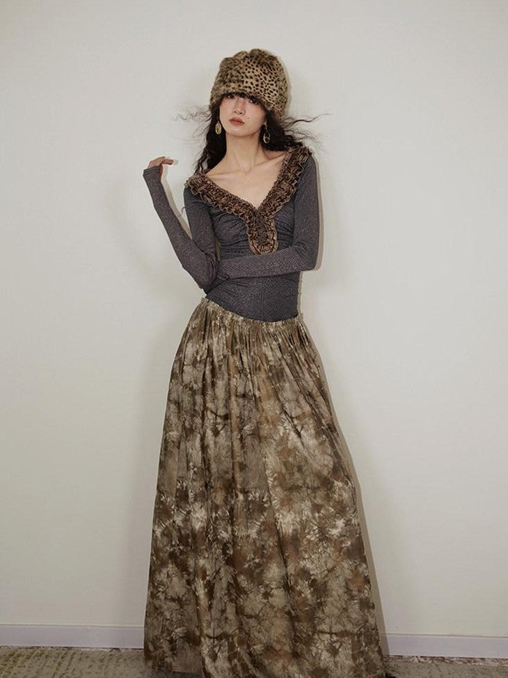 badtaste Metallic Knit Leather Panel V-neck Slimming Vintage Women's Casual Maxi Dresses