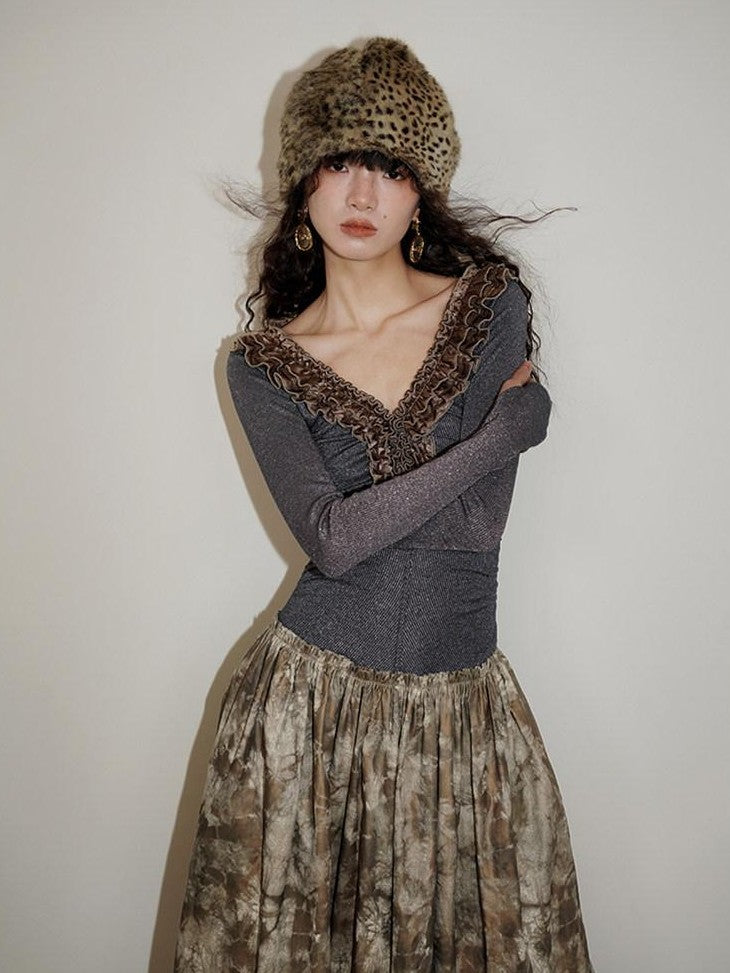 badtaste Metallic Knit Leather Panel V-neck Slimming Vintage Women's Casual Maxi Dresses