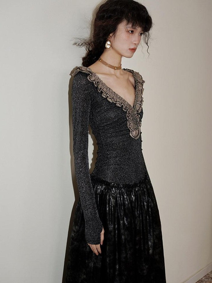 badtaste Metallic Knit Leather Panel V-neck Slimming Vintage Women's Casual Maxi Dresses