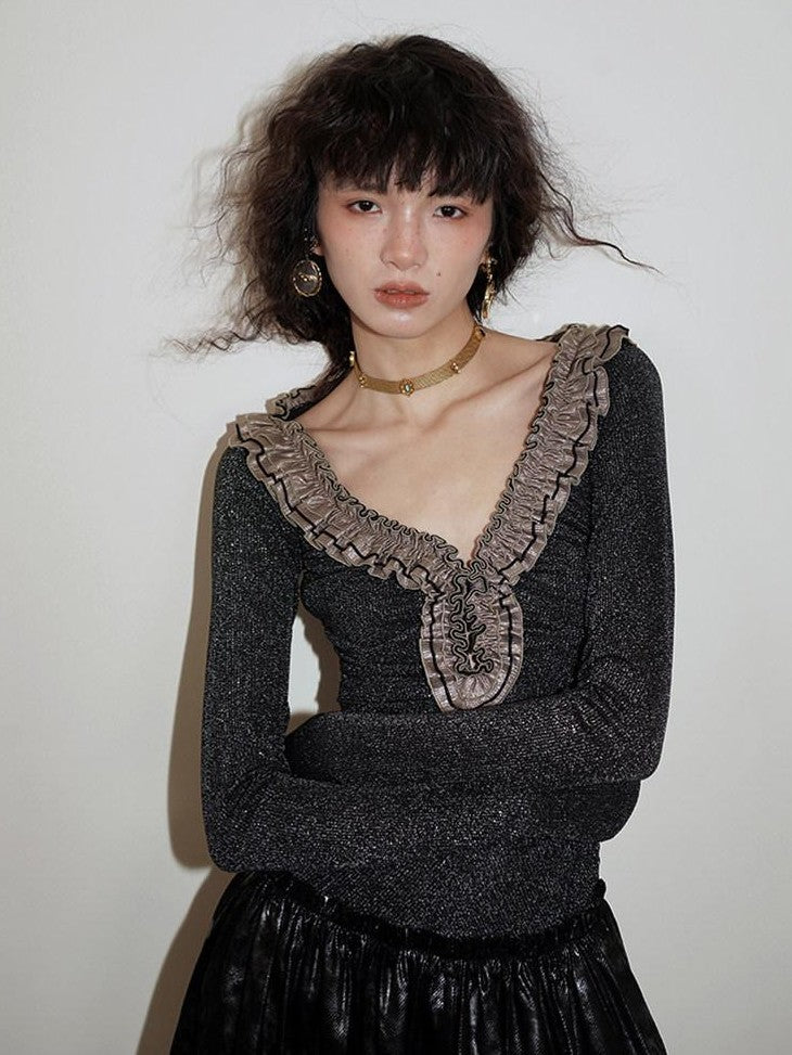 badtaste Metallic Knit Leather Panel V-neck Slimming Vintage Women's Casual Maxi Dresses
