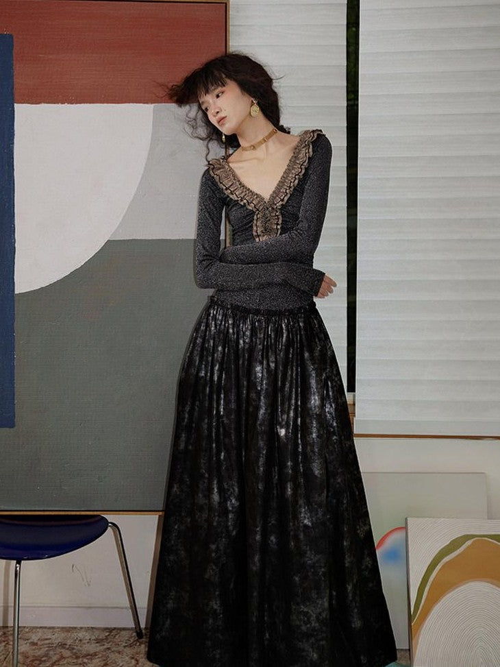 badtaste Metallic Knit Leather Panel V-neck Slimming Vintage Women's Casual Maxi Dresses