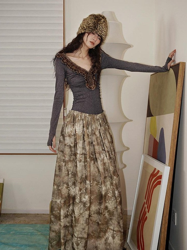 badtaste Metallic Knit Leather Panel V-neck Slimming Vintage Women's Casual Maxi Dresses