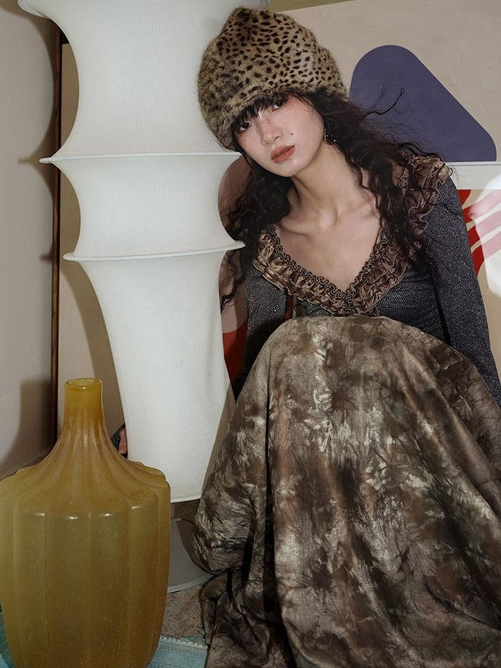 badtaste Metallic Knit Leather Panel V-neck Slimming Vintage Women's Casual Maxi Dresses
