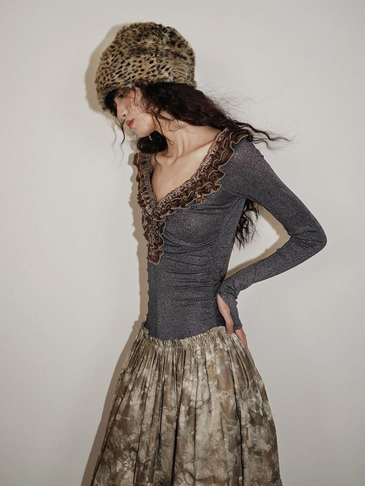 badtaste Metallic Knit Leather Panel V-neck Slimming Vintage Women's Casual Maxi Dresses