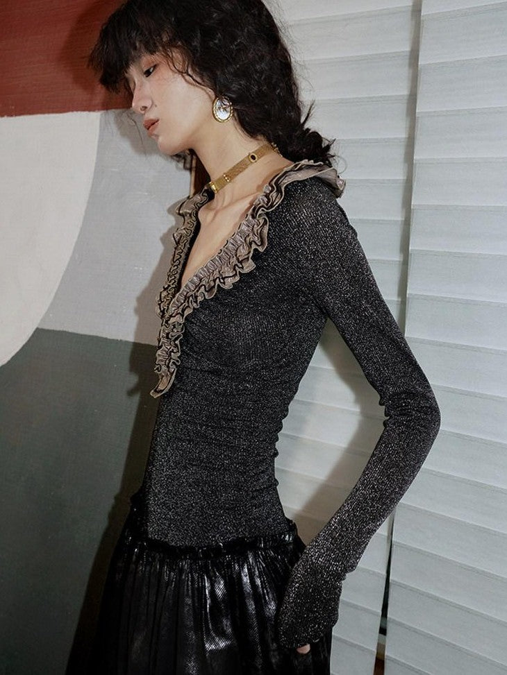 badtaste Metallic Knit Leather Panel V-neck Slimming Vintage Women's Casual Maxi Dresses