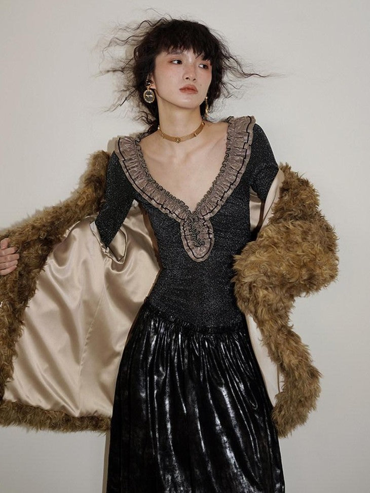 badtaste Metallic Knit Leather Panel V-neck Slimming Vintage Women's Casual Maxi Dresses