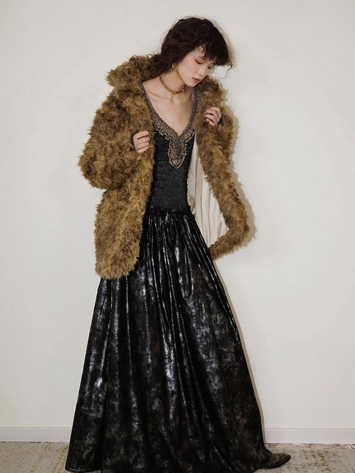 badtaste Metallic Knit Leather Panel V-neck Slimming Vintage Women's Casual Maxi Dresses