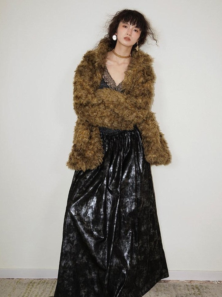 badtaste Metallic Knit Leather Panel V-neck Slimming Vintage Women's Casual Maxi Dresses