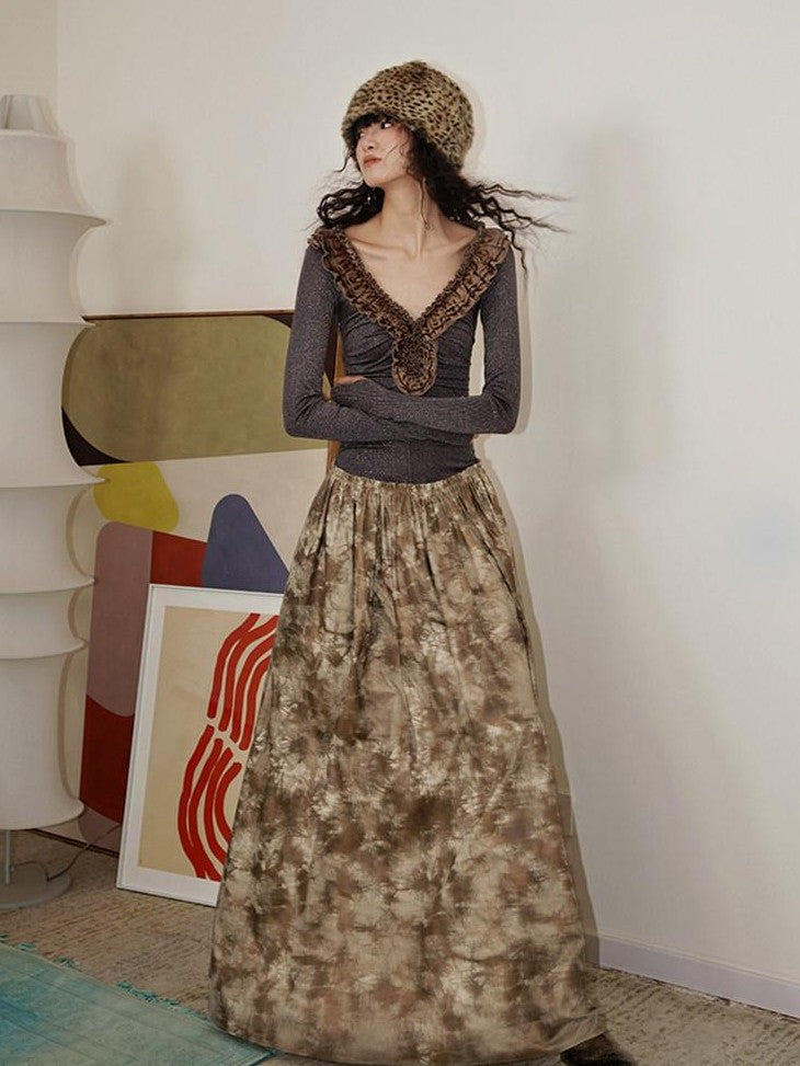 badtaste Metallic Knit Leather Panel V-neck Slimming Vintage Women's Casual Maxi Dresses