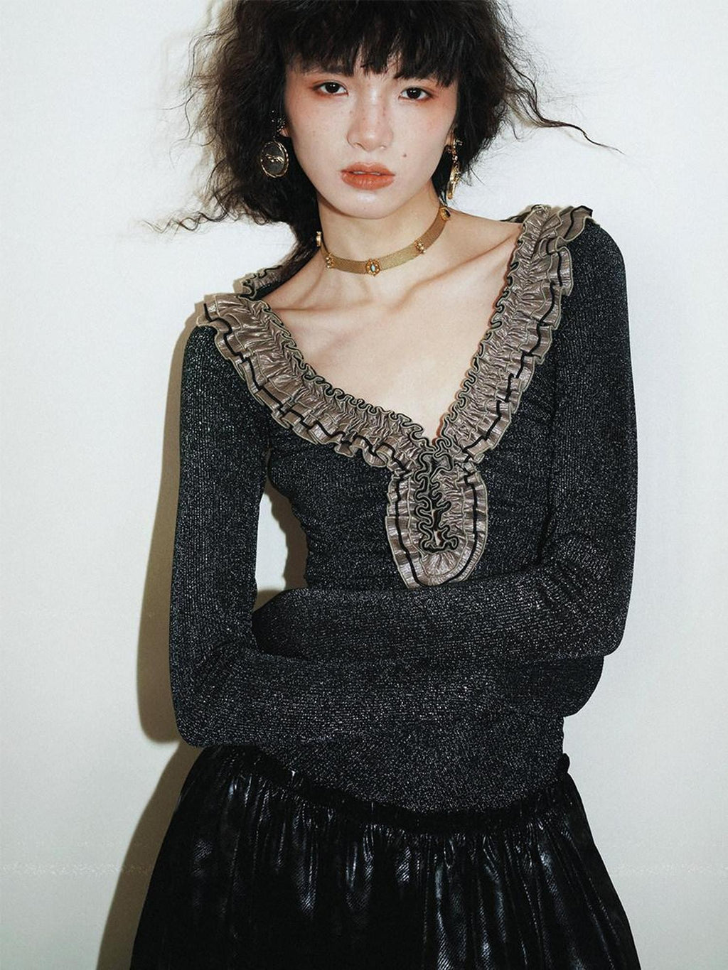 badtaste Metallic Knit Leather Panel V-neck Slimming Vintage Women's Casual Maxi Dresses