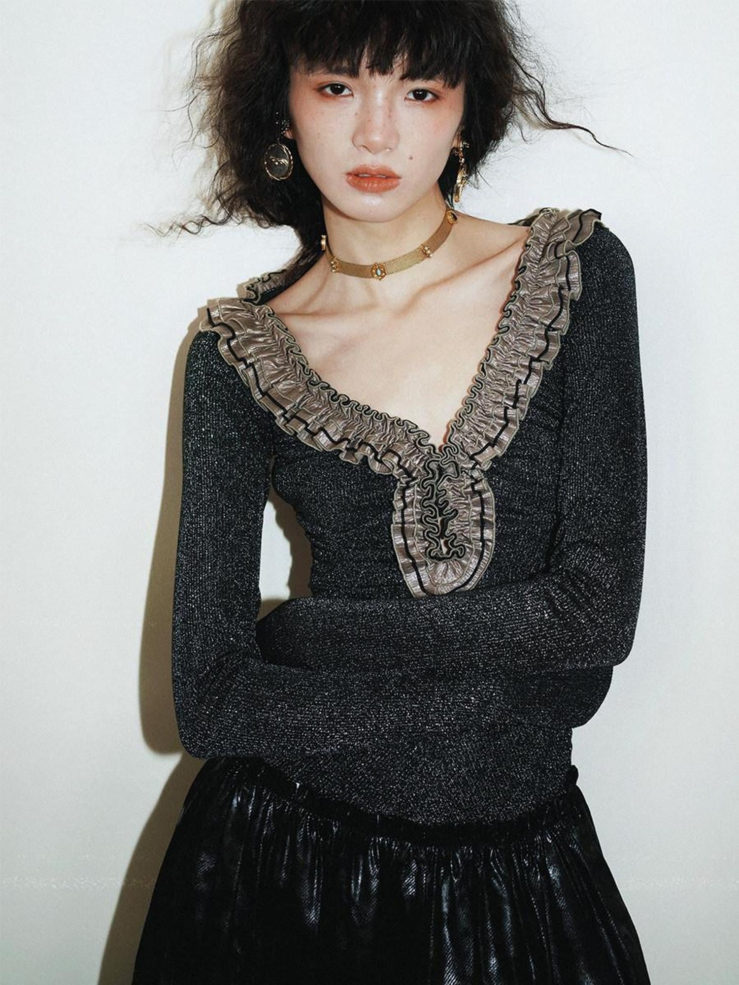 badtaste Metallic Knit Leather Panel V-neck Slimming Vintage Women's Casual Maxi Dresses