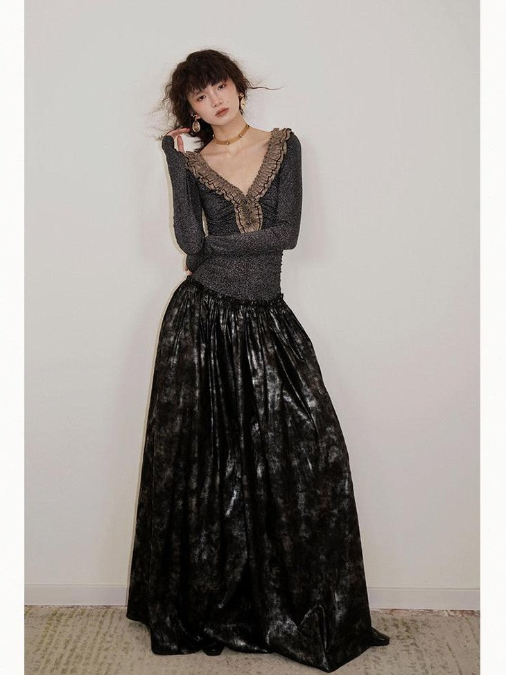 badtaste Metallic Knit Leather Panel V-neck Slimming Vintage Women's Casual Maxi Dresses