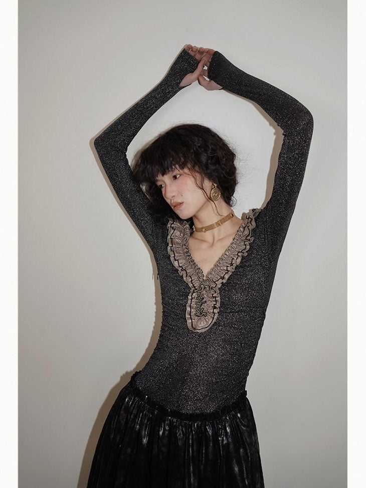 badtaste Metallic Knit Leather Panel V-neck Slimming Vintage Women's Casual Maxi Dresses
