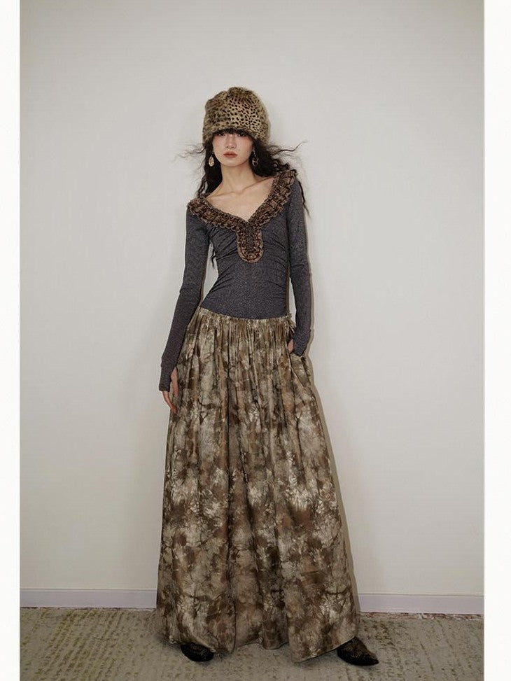 badtaste Metallic Knit Leather Panel V-neck Slimming Vintage Women's Casual Maxi Dresses