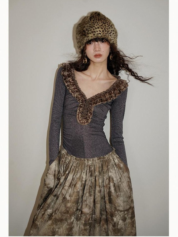 badtaste Metallic Knit Leather Panel V-neck Slimming Vintage Women's Casual Maxi Dresses