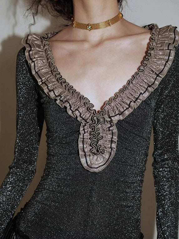 badtaste Metallic Knit Leather Panel V-neck Slimming Vintage Women's Casual Maxi Dresses
