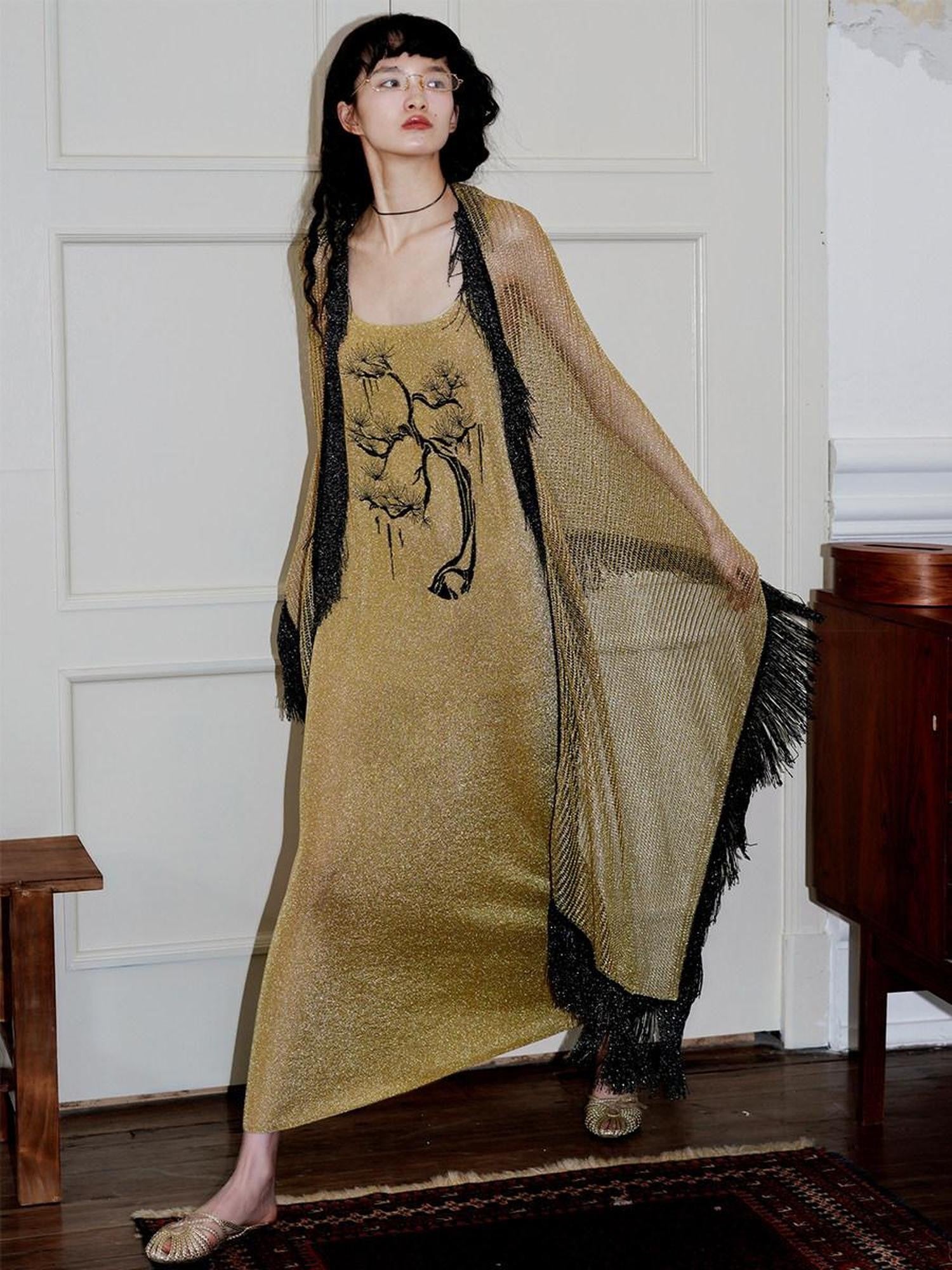 badtaste Metallic New Chinese Embroidered Women's Knit Slip Maxi Dresses