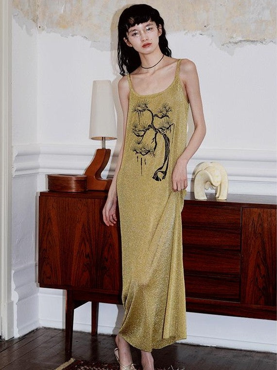 badtaste Metallic New Chinese Embroidered Women's Knit Slip Maxi Dresses