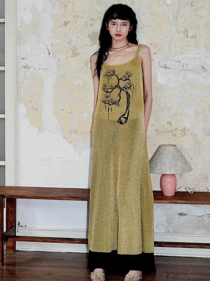 badtaste Metallic New Chinese Embroidered Women's Knit Slip Maxi Dresses