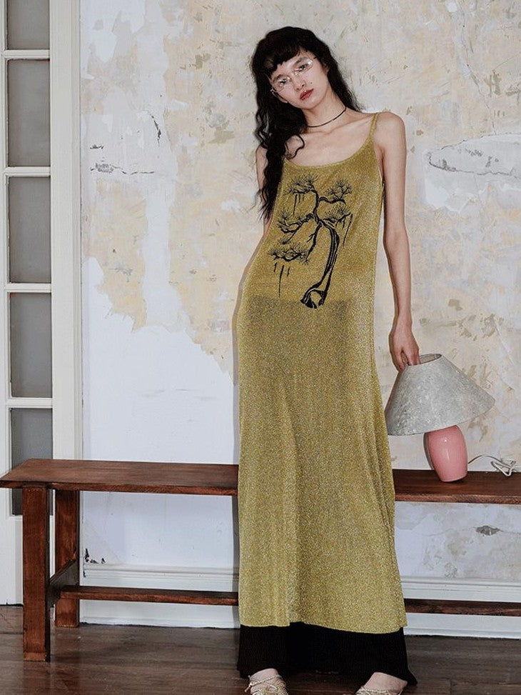 badtaste Metallic New Chinese Embroidered Women's Knit Slip Maxi Dresses