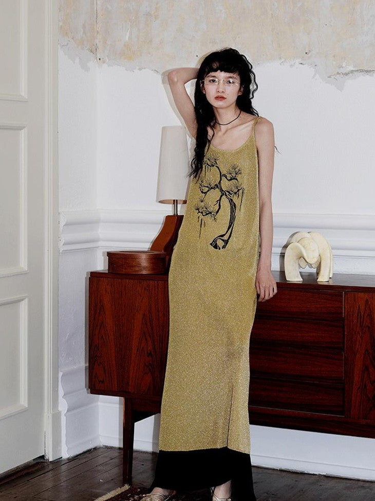 badtaste Metallic New Chinese Embroidered Women's Knit Slip Maxi Dresses