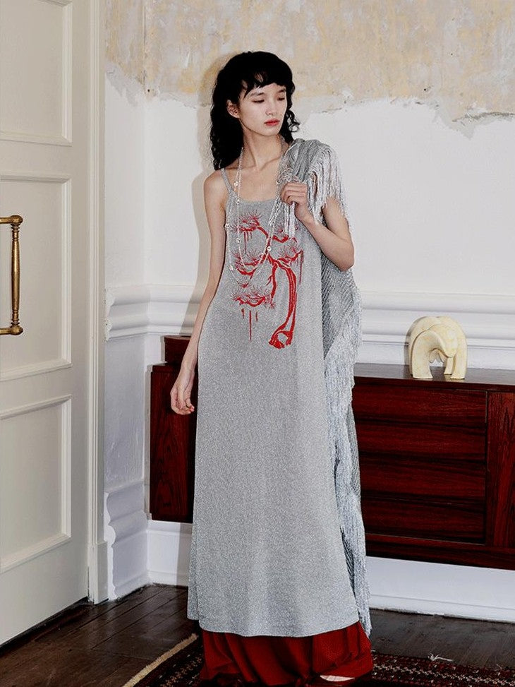 badtaste Metallic New Chinese Embroidered Women's Knit Slip Maxi Dresses