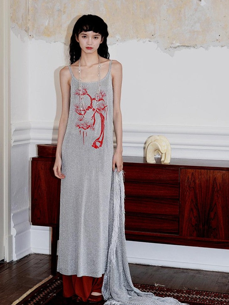 badtaste Metallic New Chinese Embroidered Women's Knit Slip Maxi Dresses