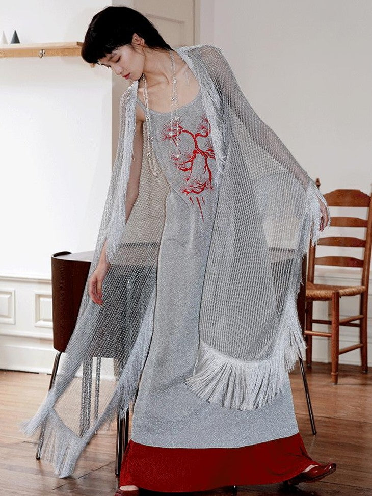 badtaste Metallic New Chinese Embroidered Women's Knit Slip Maxi Dresses