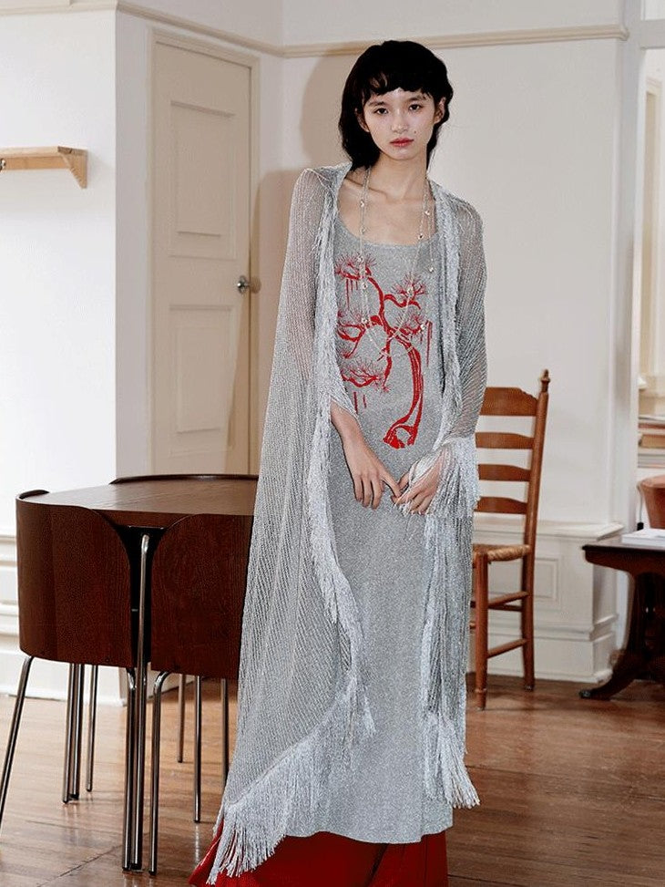 badtaste Metallic New Chinese Embroidered Women's Knit Slip Maxi Dresses