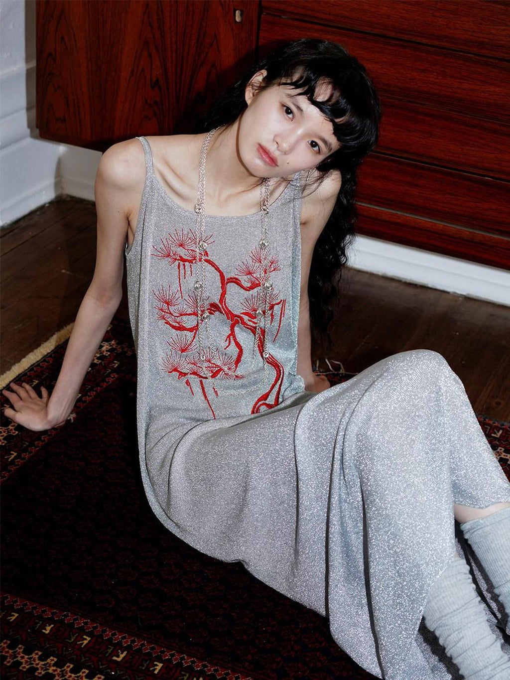 badtaste Metallic New Chinese Embroidered Women's Knit Slip Maxi Dresses