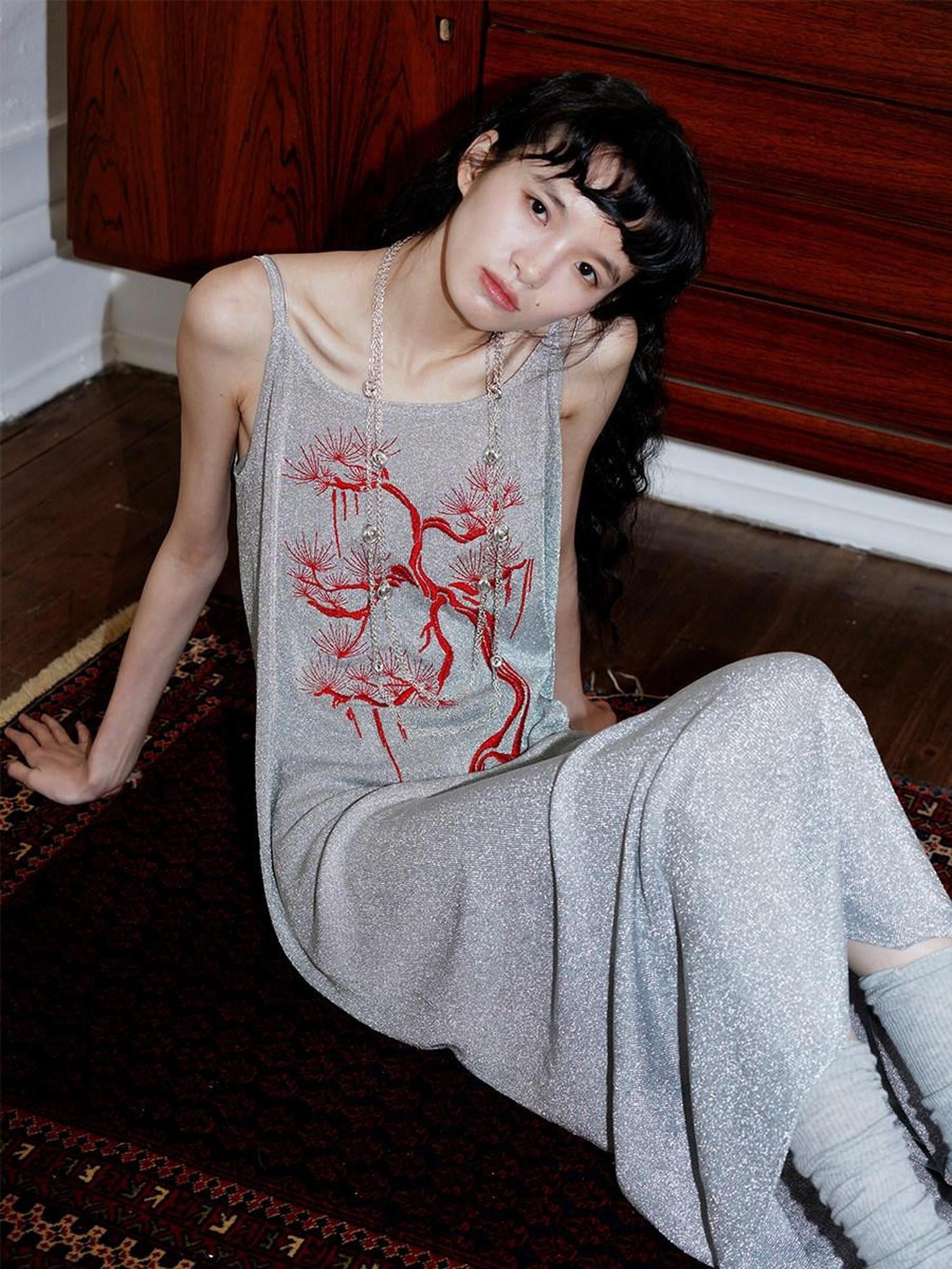 badtaste Metallic New Chinese Embroidered Women's Knit Slip Maxi Dresses