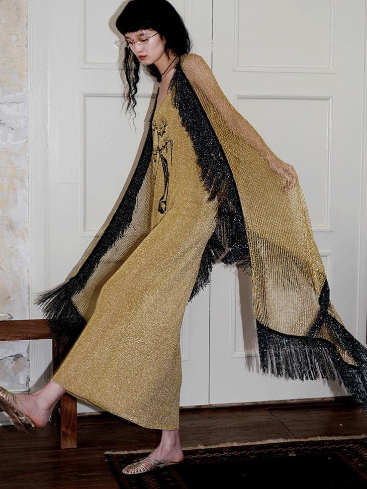 badtaste Metallic New Chinese Embroidered Women's Knit Slip Maxi Dresses