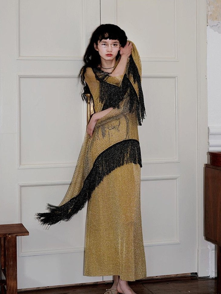 badtaste Metallic New Chinese Embroidered Women's Knit Slip Maxi Dresses