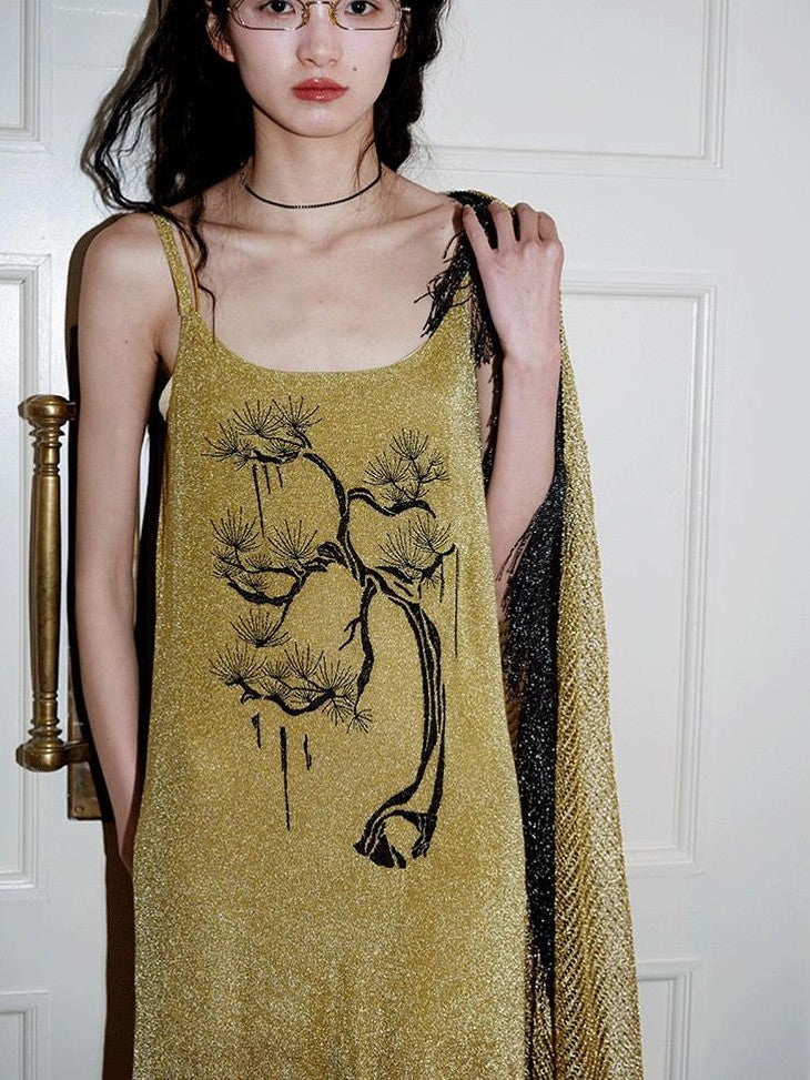 badtaste Metallic New Chinese Embroidered Women's Knit Slip Maxi Dresses