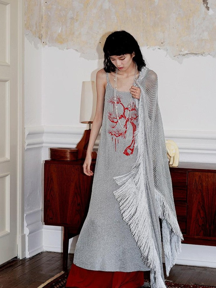 badtaste Metallic New Chinese Embroidered Women's Knit Slip Maxi Dresses