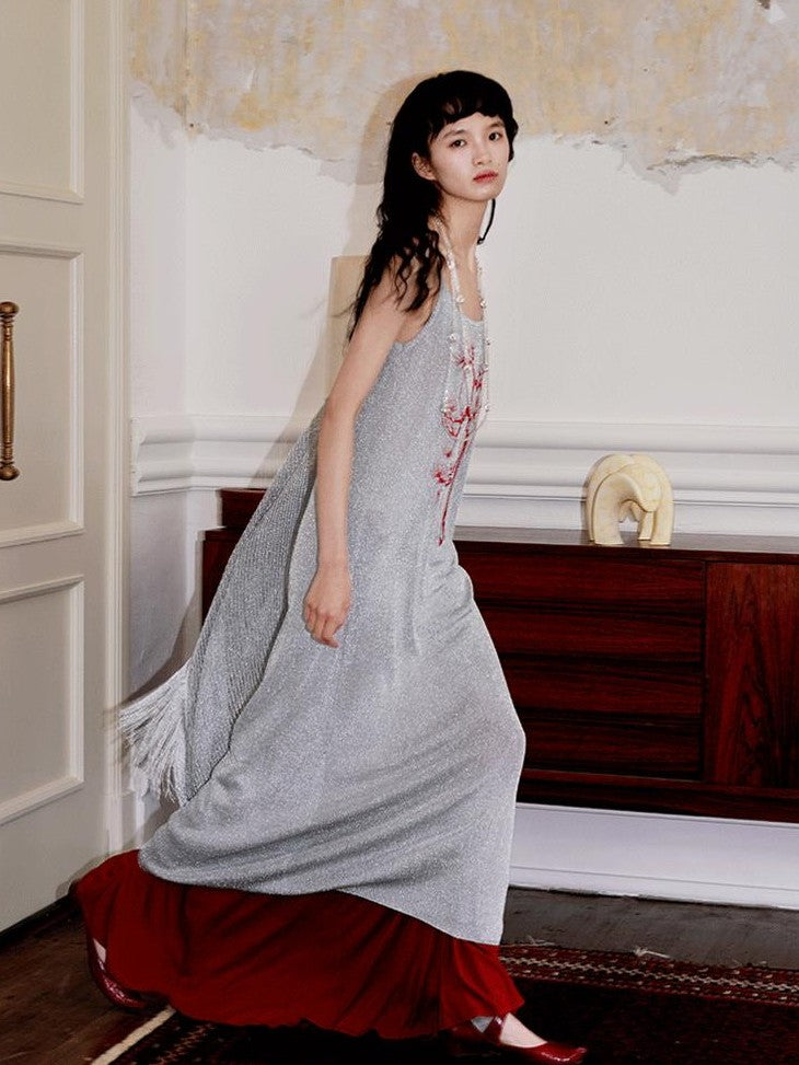 badtaste Metallic New Chinese Embroidered Women's Knit Slip Maxi Dresses